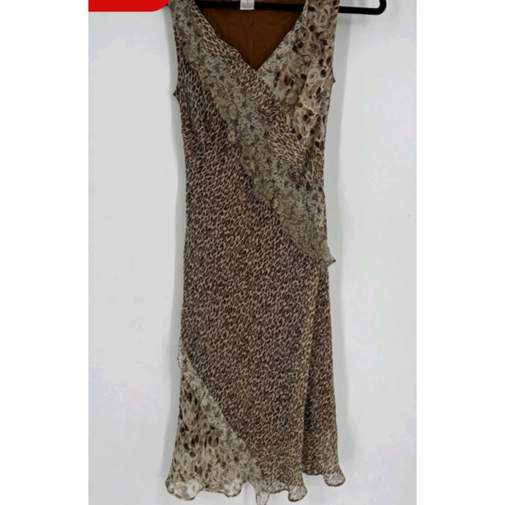 Vintage Lapis 90's Large 100% Silk Leopard Animal Print Flowy V neck Dress Midi